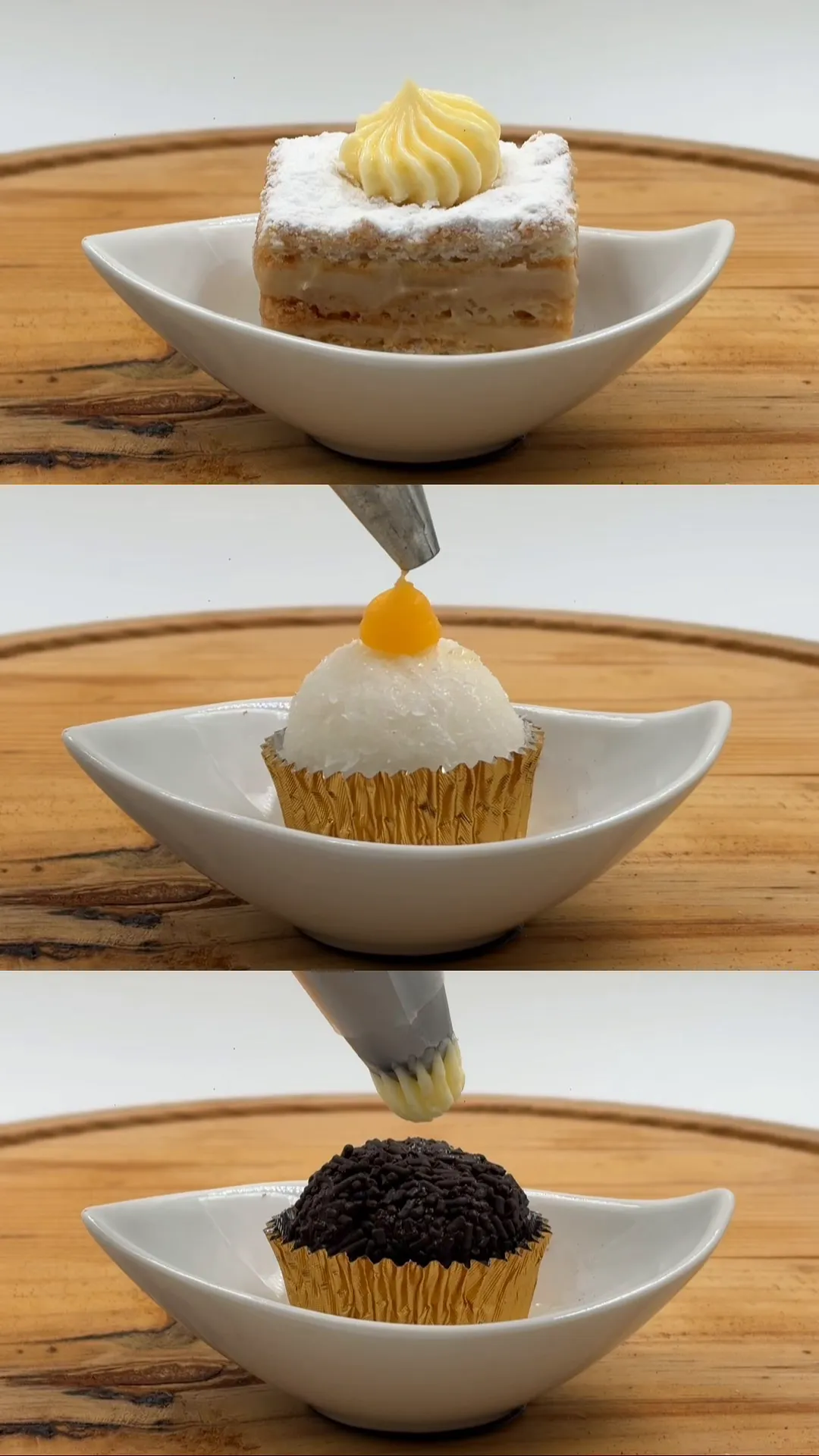 Mànega de crema sobre una peça de pastisseria